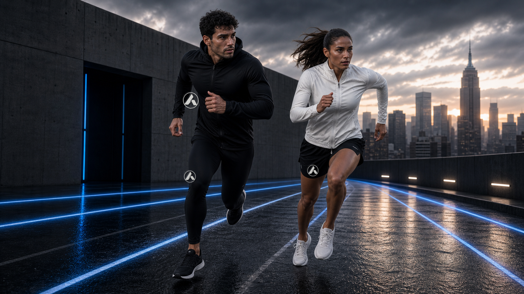 Male and female athletes sprinting in ANON01 performance apparel on a brutalist rooftop track
