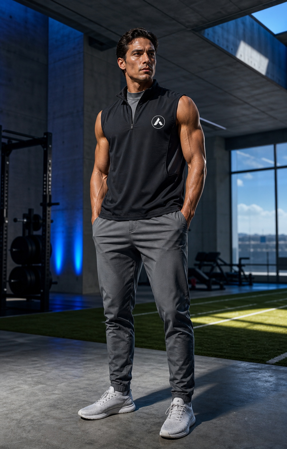 Male athlete wearing ANON01 technical vest and pants in a concrete and turf facility.