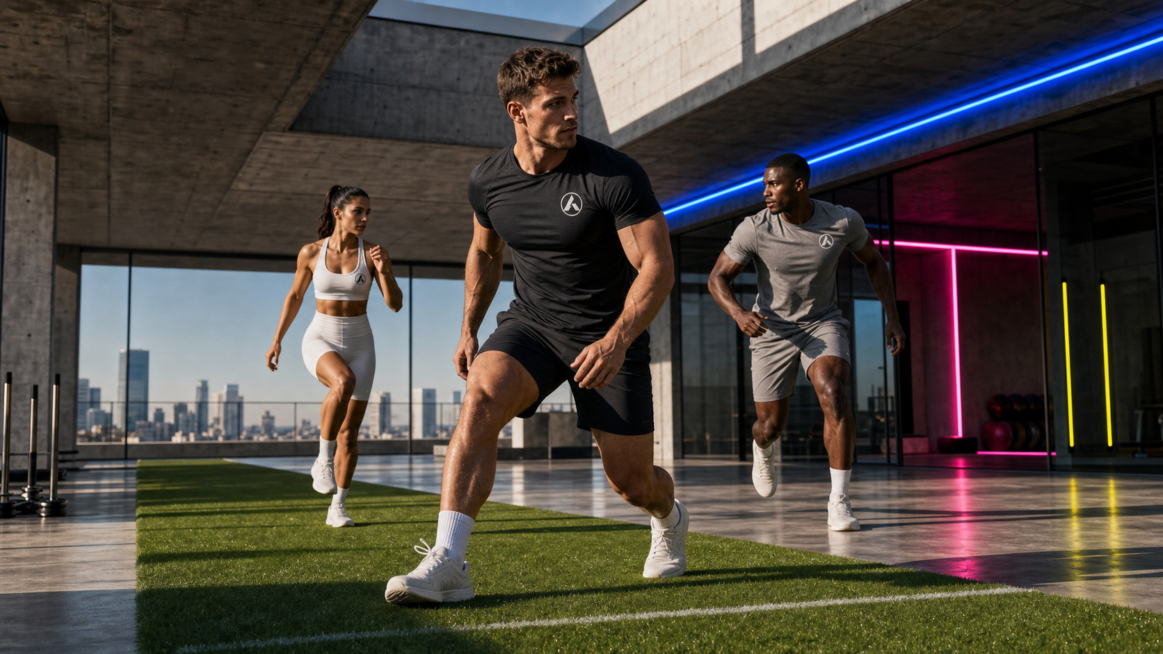 Athletes training on turf in a brutalist ANON01 facility with glass walls and neon lines.