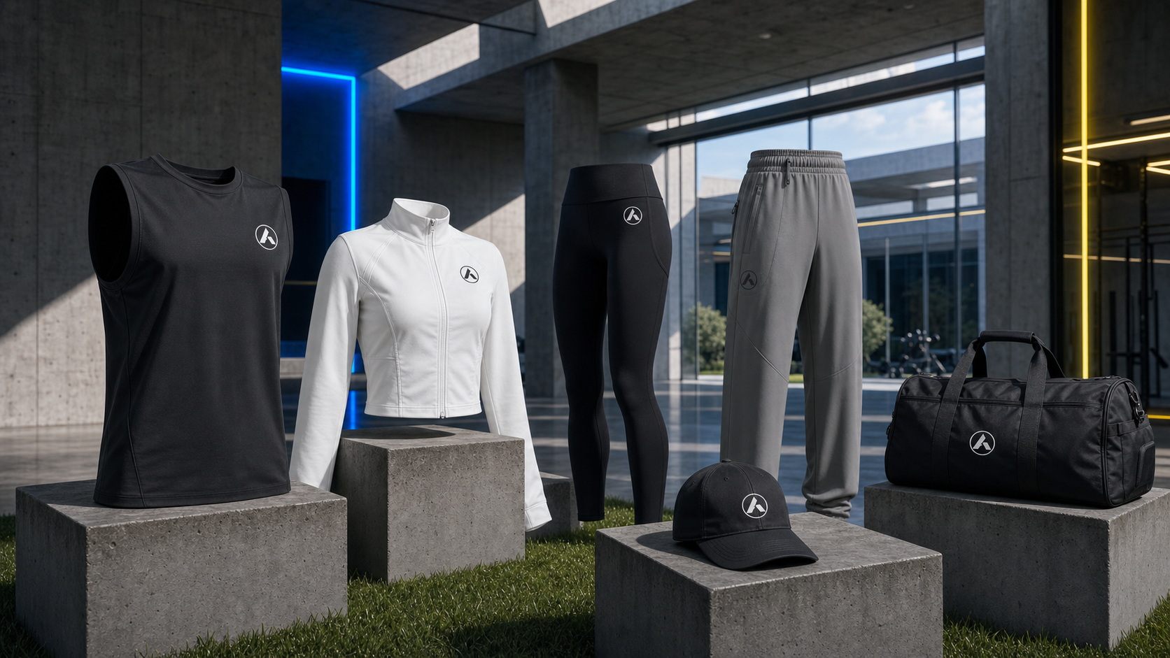 ANON01 apparel and accessories displayed on concrete plinths inside the facility.