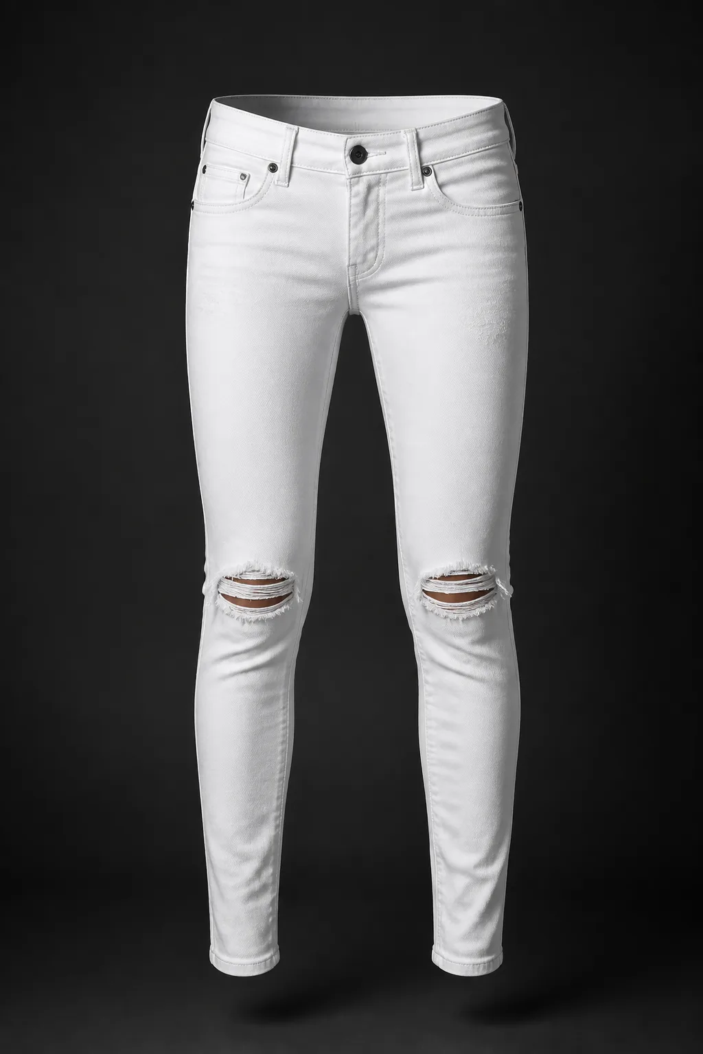 Arris — Low-rise skinny in optic white, cut close from hip to hem with a clean tapered leg